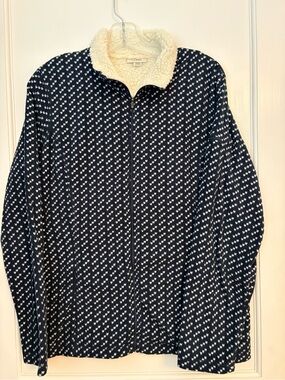 L.L. Bean Navy Zip-Up Sweater Cream Sherpa Collar Comfy Cozy Fall Outdoor V1